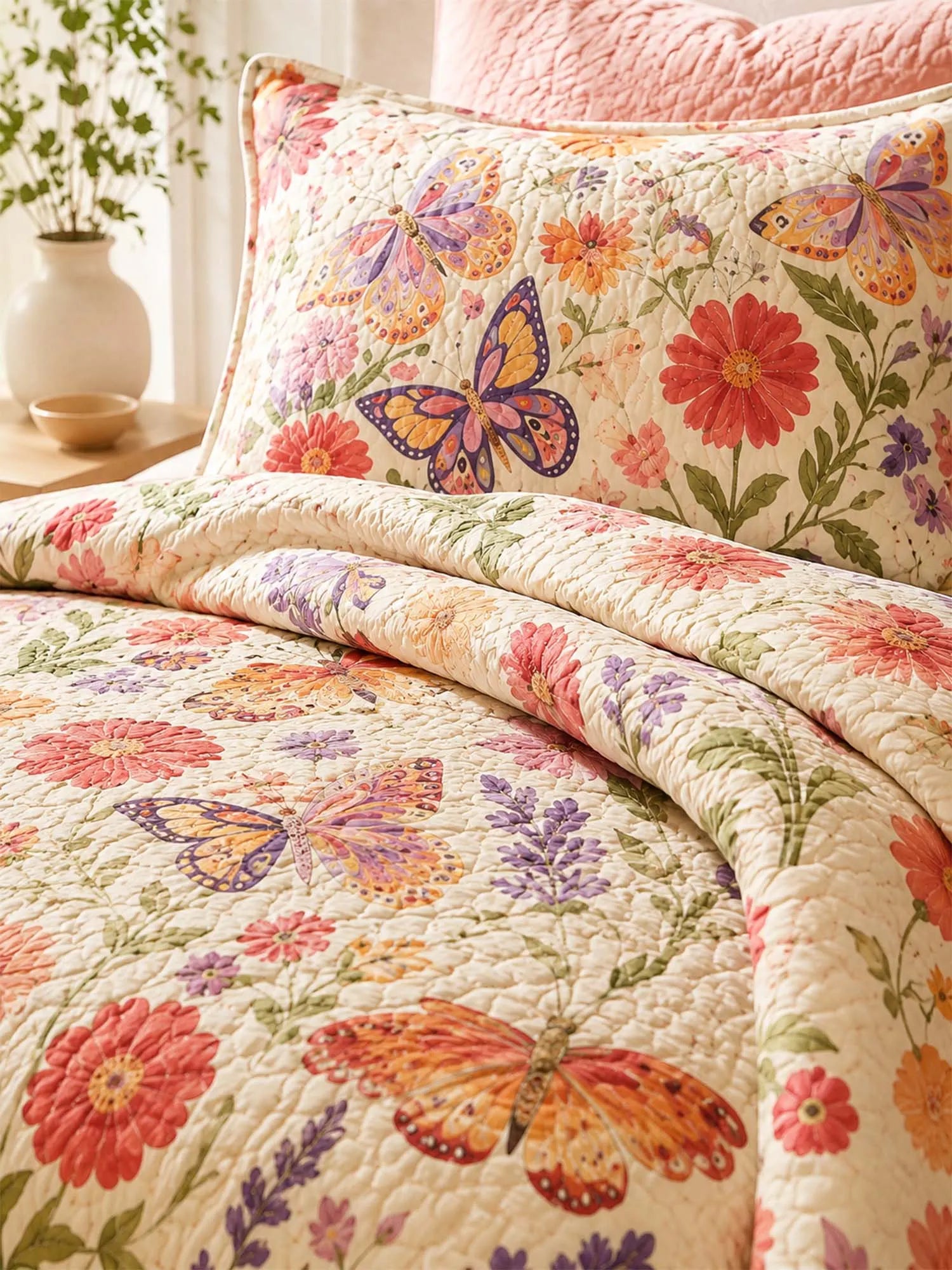 Butterfly Floral Garden Quilted 3-Piece Bedding Set