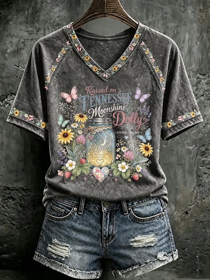 V Neck Retro Raised On Tennessee Moonshine & Dolly Print T-Shirt