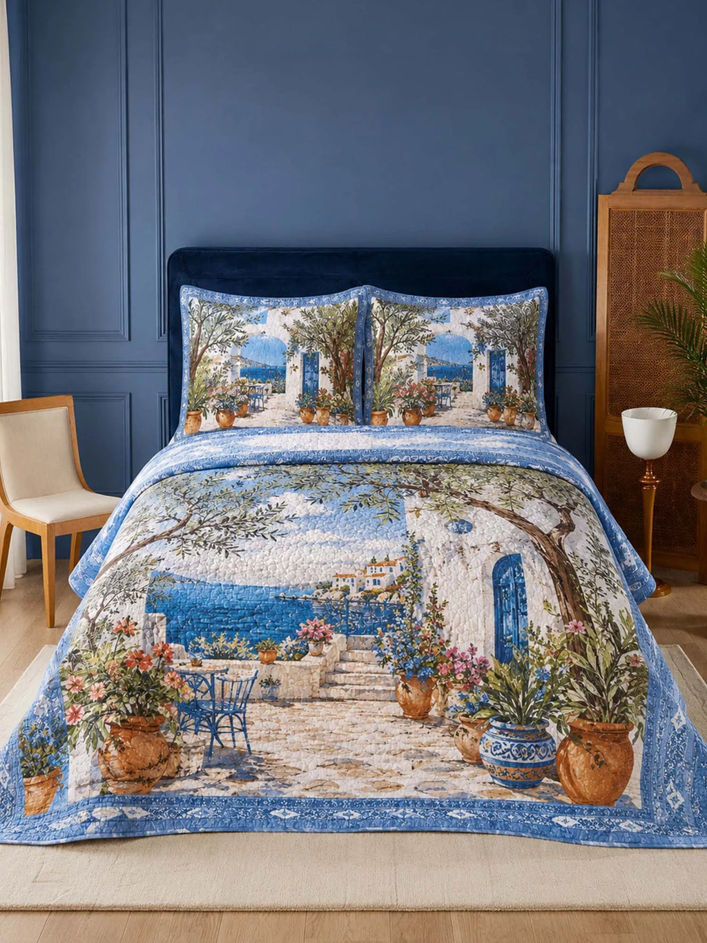Mediterranean Garden Quilted 3-Piece Bedding Set – Luxury Quilted Bedding with Matching Pillow Shams