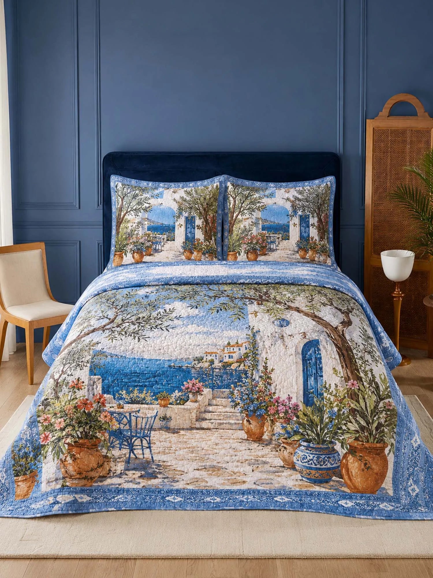 Mediterranean Garden Quilted 3-Piece Bedding Set – Luxury Quilted Bedding with Matching Pillow Shams