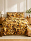 Golden Rose Quilted 3-Piece Bedding Set – Vintage Stained Glass Quilted Bedding With Matching Pillow Shams
