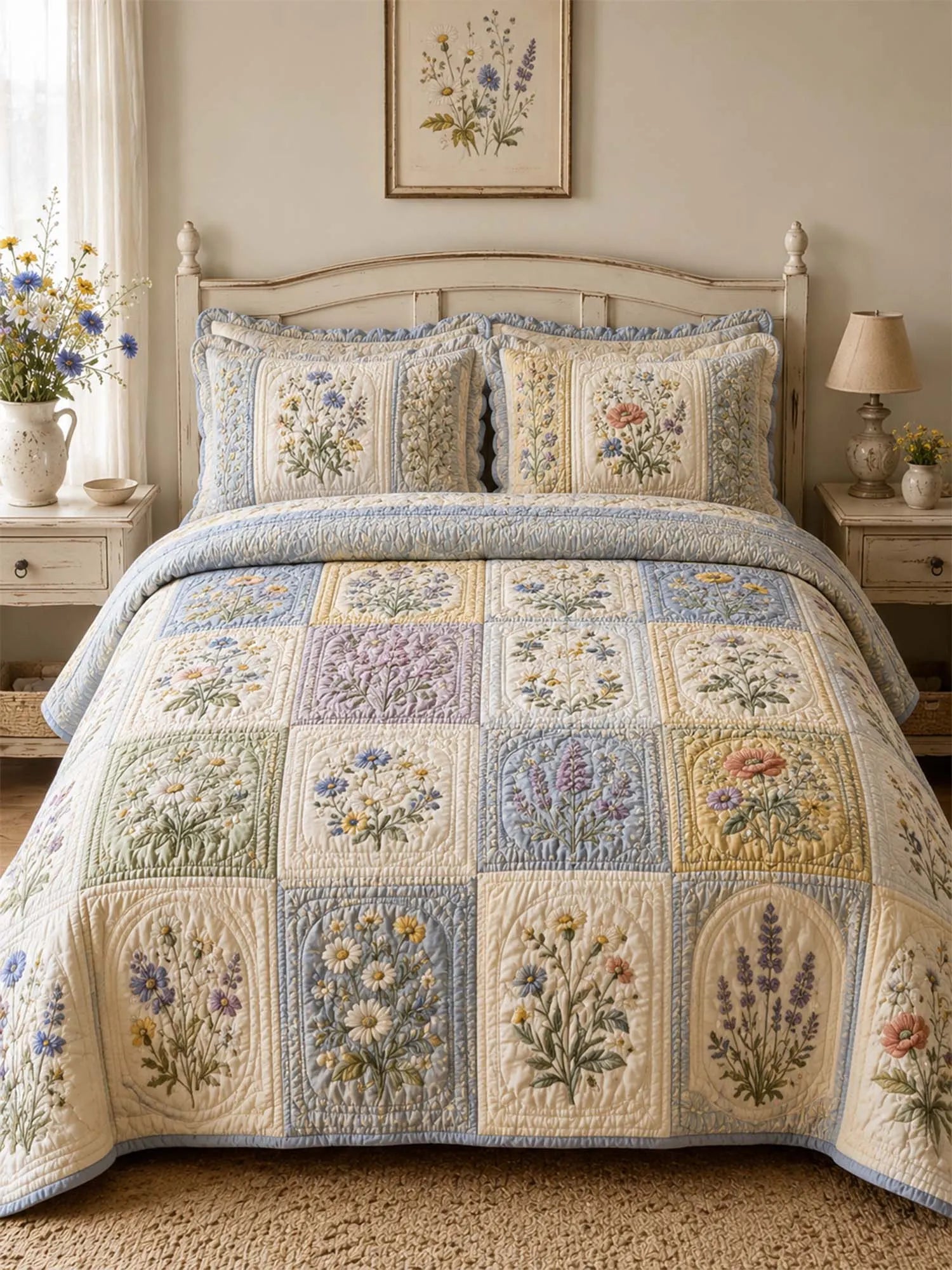 Wildflower Quilted 3-Piece Bedding Set – Classic Americana Quilted Bedding With Matching Pillow Shams