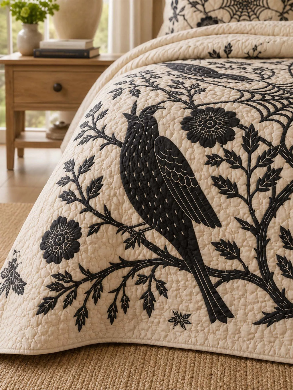 Raven Botanical Web Quilted 3-Piece Bedding Set