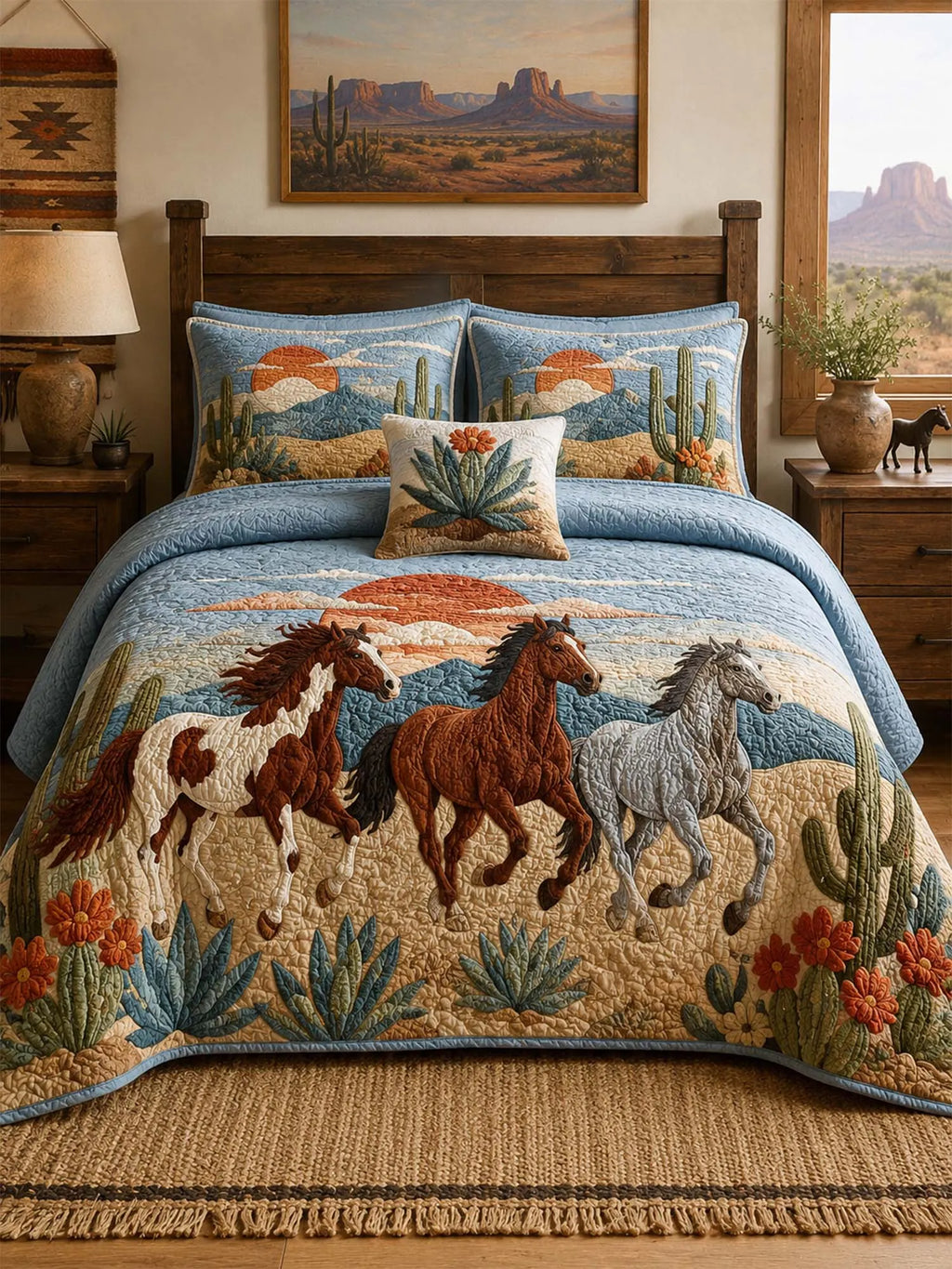 Desert Horse Landscape Quilted 3-Piece Bedding Set – Western Inspired Quilted Bedding with Matching Pillow Shams