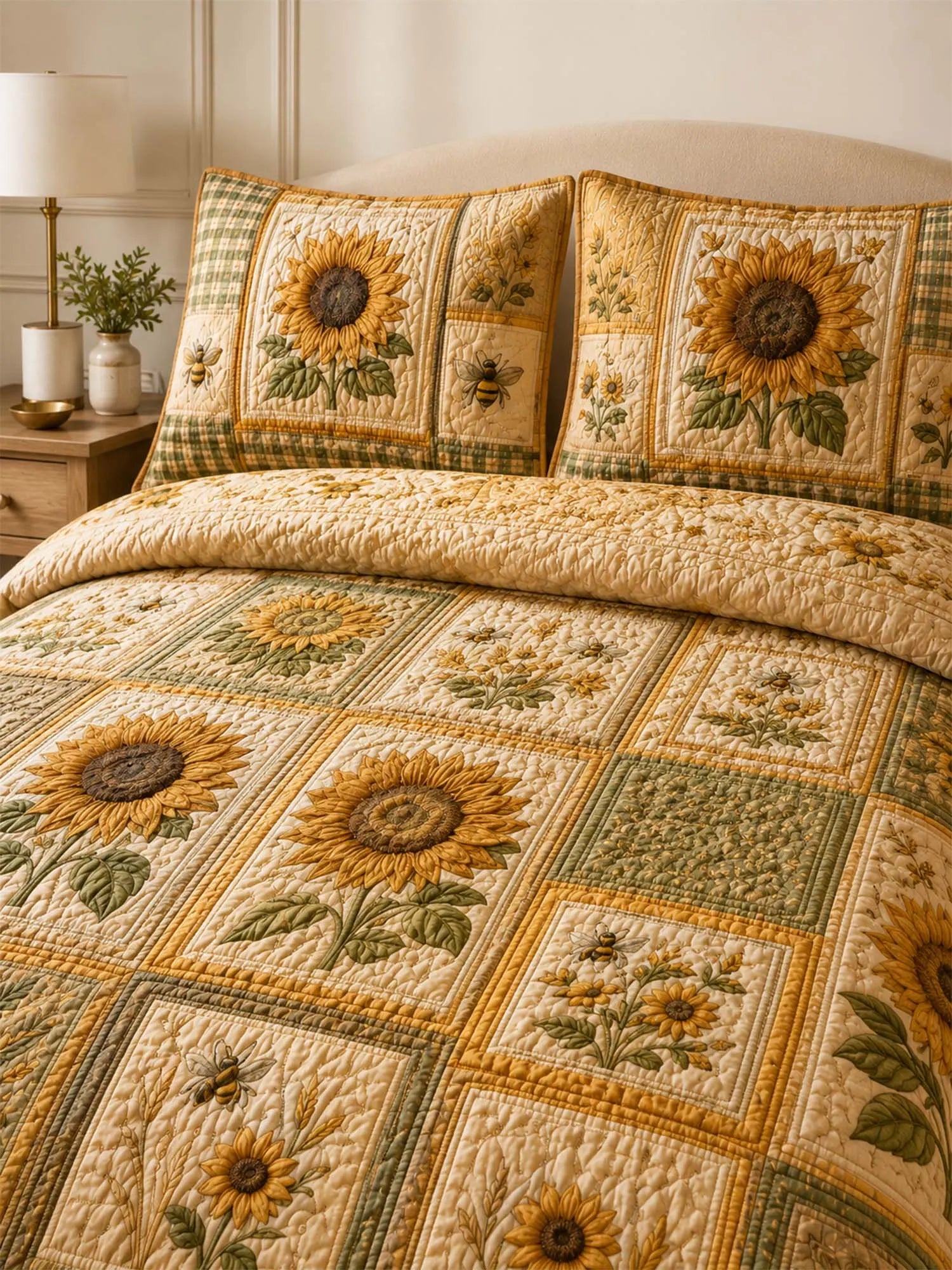 Sunflower Quilted 3-Piece Bedding Set – Classic Americana Quilted Bedding With Matching Pillow Shams