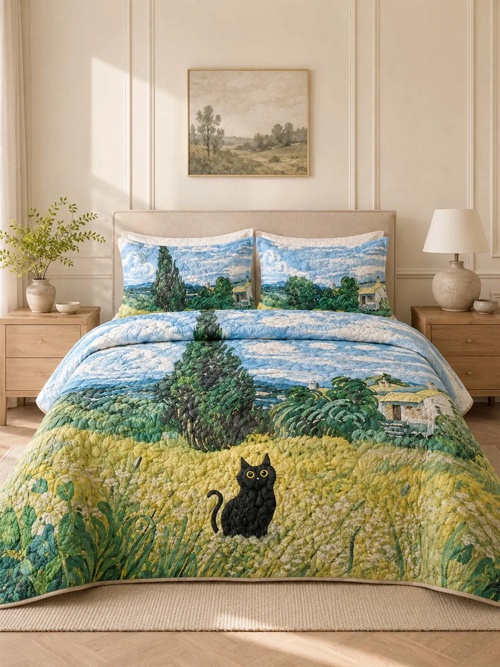 Black Cat Meadow Garden Quilted 3-Piece Bedding Set