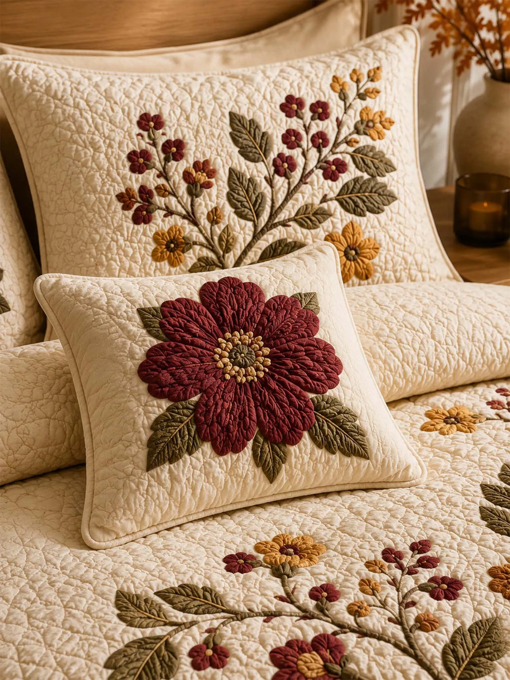 Vintage Floral Quilted 3-Piece Bedding Set – Luxury Quilted Bedding with Matching Pillow Shams