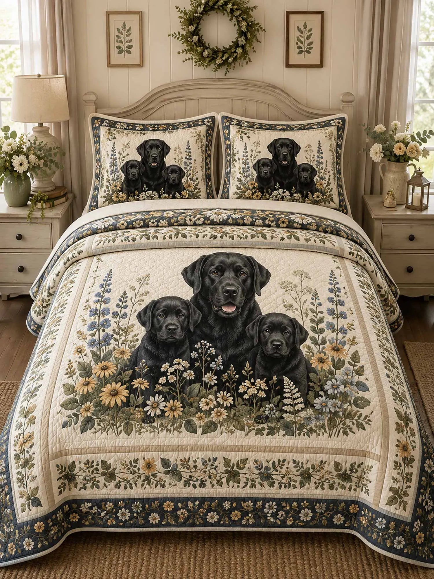 Black Labrador Wildflower Country 3‐Piece Quilted Bedding Set