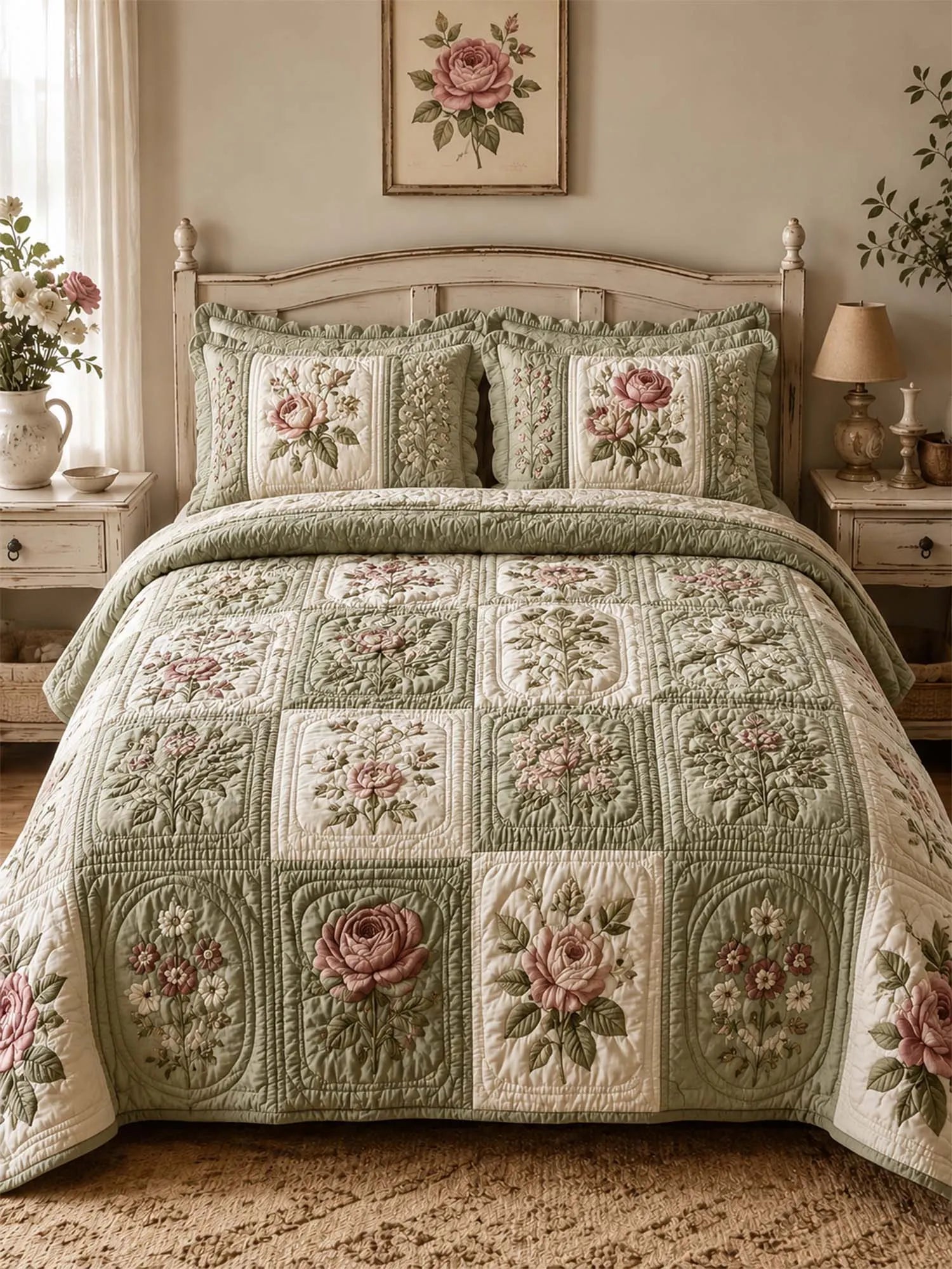 Cottagecore Floral 3-Piece Quilted Bedding Set