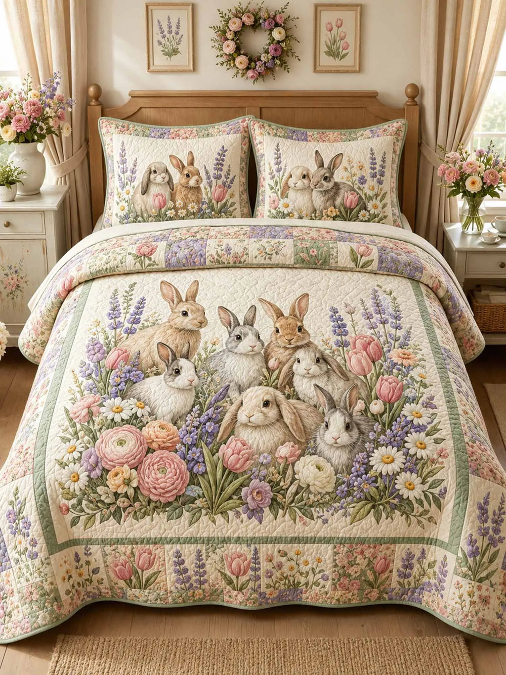 Garden Bunny Gathering 3-Piece Quilted Bedding Set