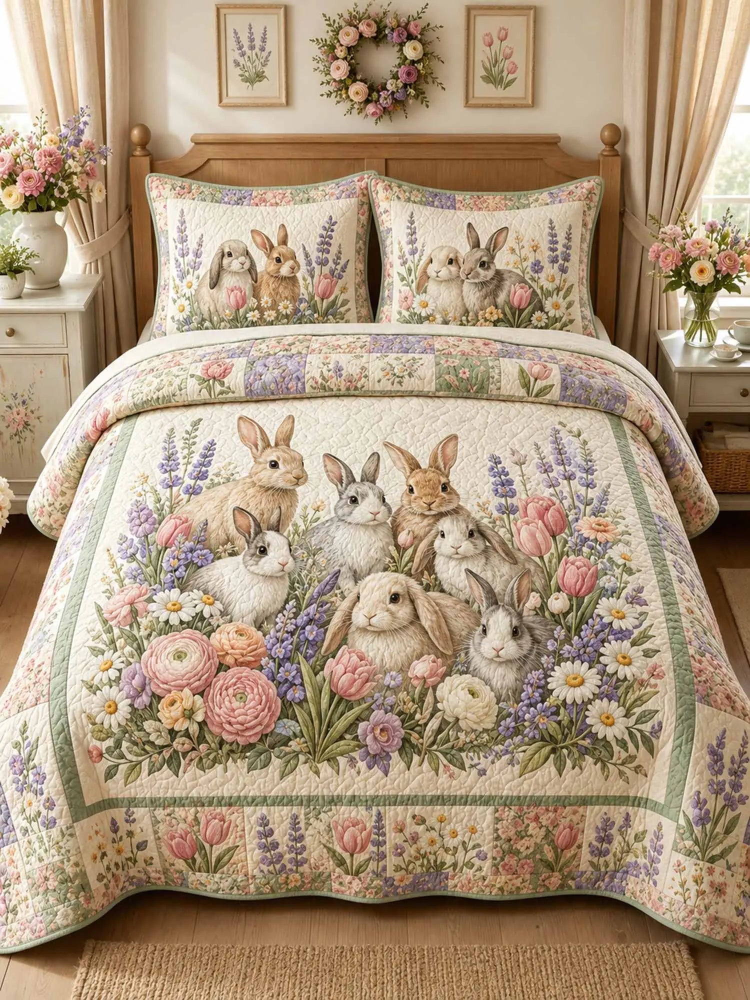 Garden Bunny Gathering 3-Piece Quilted Bedding Set