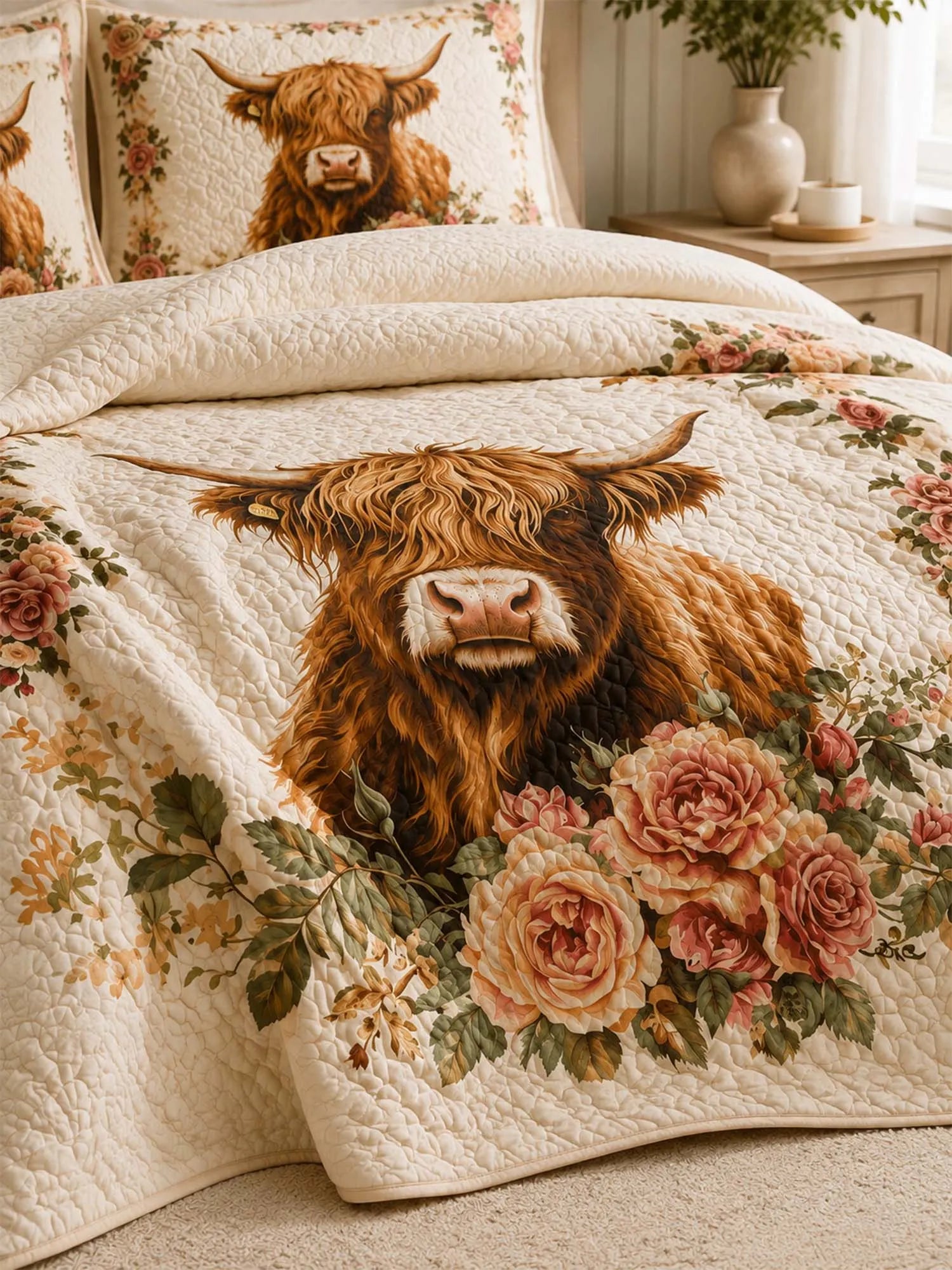 Highland Cow Rose Garden Quilted 3-Piece Bedding Set