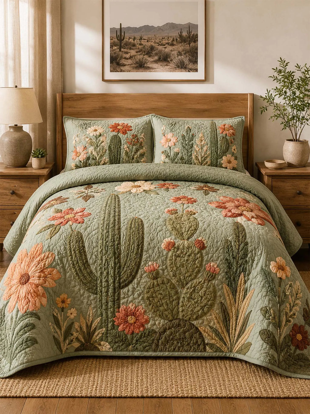 Cactus Garden Floral Quilted 3-Piece Bedding Set – Vintage Desert Style Quilted Bedding with Matching Pillow Shams