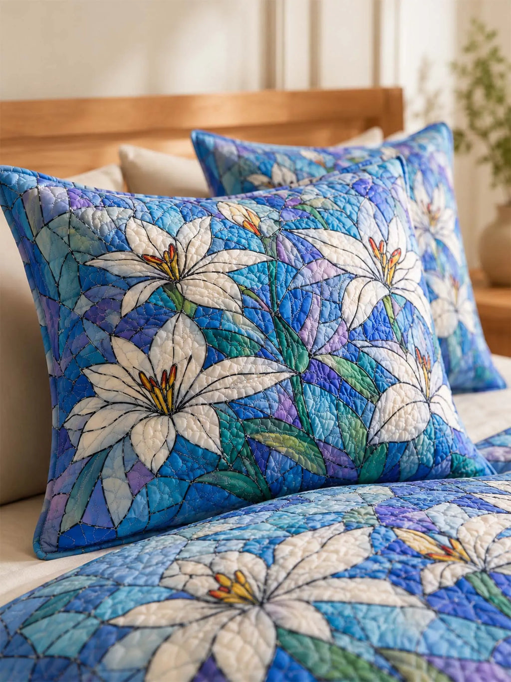 White Lily Quilted 3-Piece Bedding Set – Stained Glass Botanical Quilted Bedding With Matching Pillow Shams