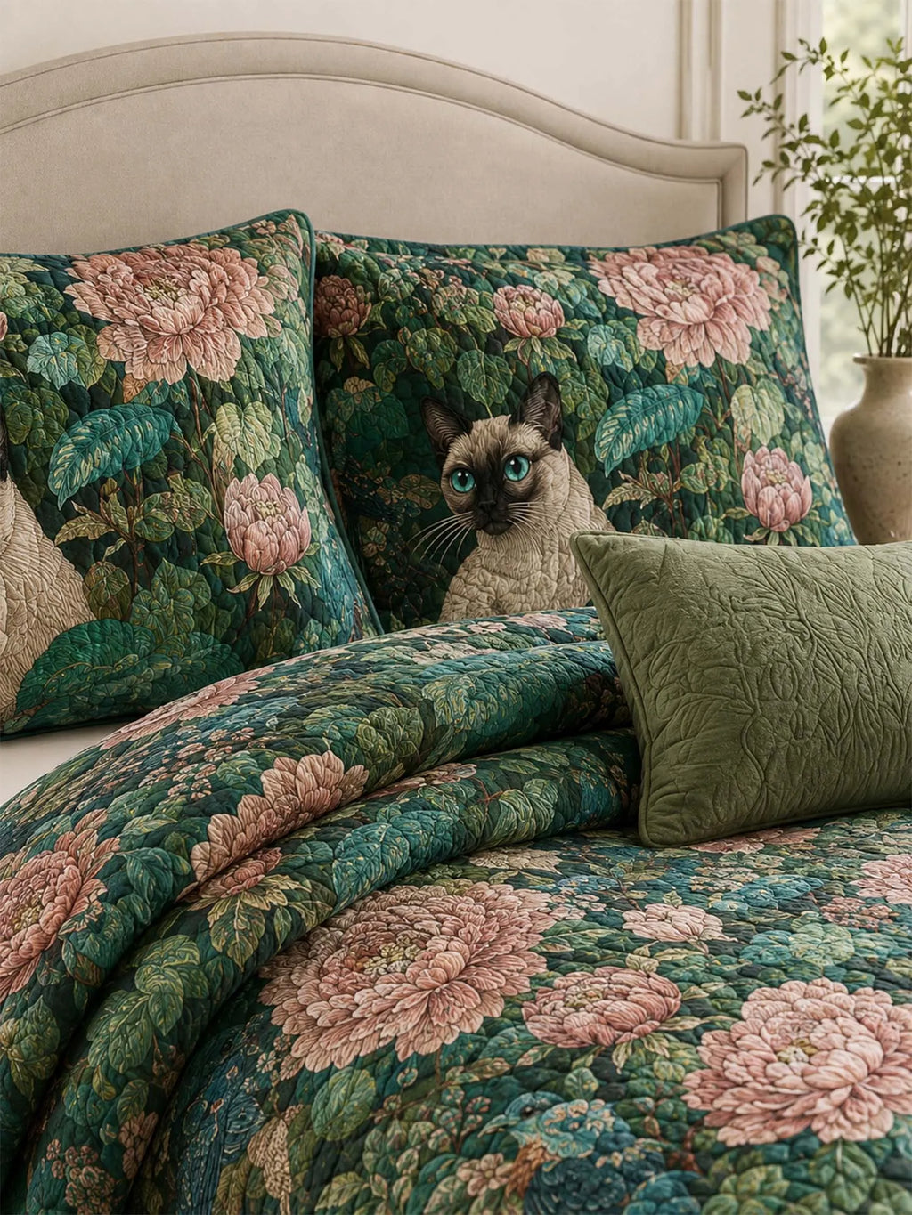 Siamese Cat Floral Garden Quilted 3-Piece Bedding Set
