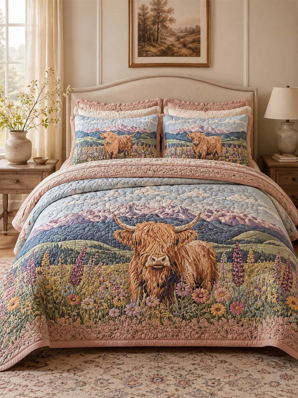 Highland Cow Wildflower Meadow Quilted 3-Piece Bedding Set