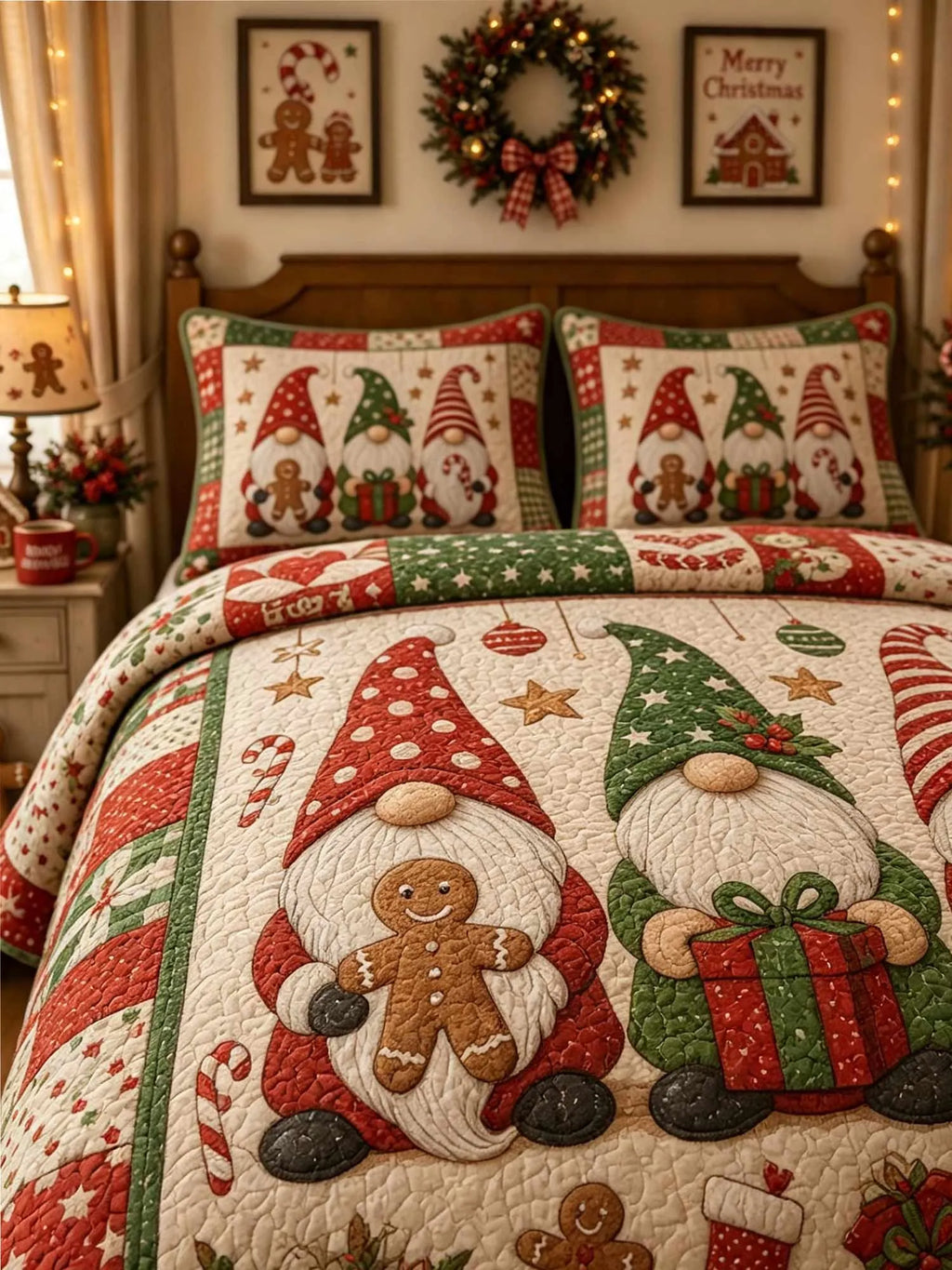 Gnome Gingerbread Christmas Patchwork 3‐Piece Quilted Bedding Set