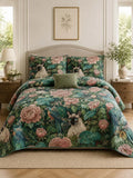 Siamese Cat Floral Garden Quilted 3-Piece Bedding Set
