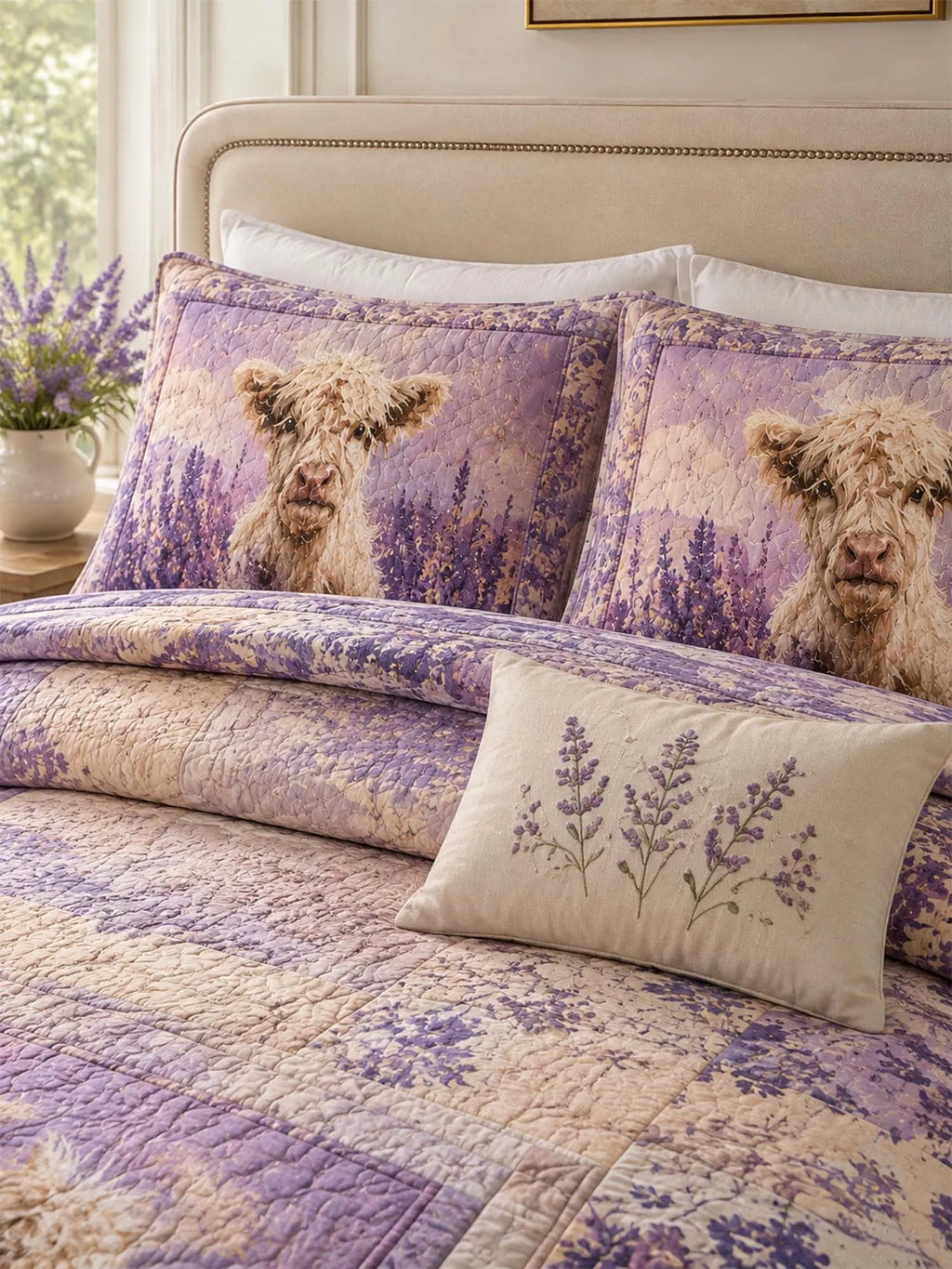 Highland Cow Lavender Field Quilted 3-Piece Bedding Set