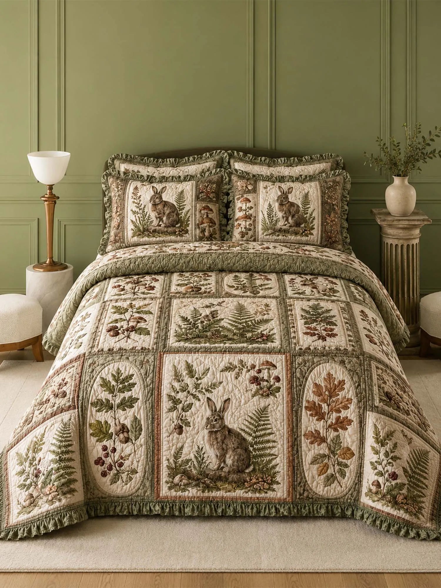 Woodland Rabbit Quilted 3-Piece Bedding Set – Classic Americana Quilted Bedding With Matching Pillow Shams