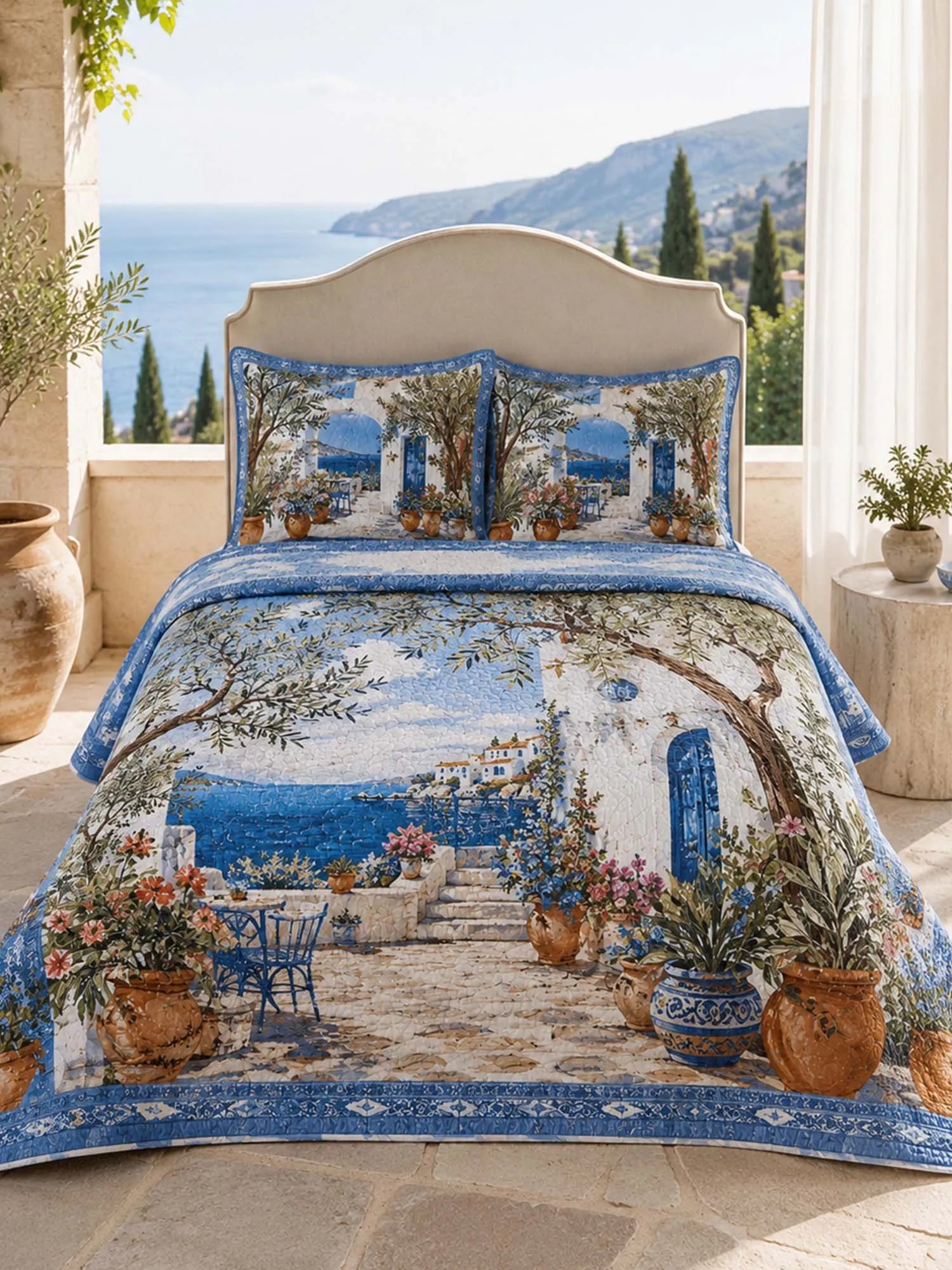 Mediterranean Garden Quilted 3-Piece Bedding Set – Luxury Quilted Bedding with Matching Pillow Shams