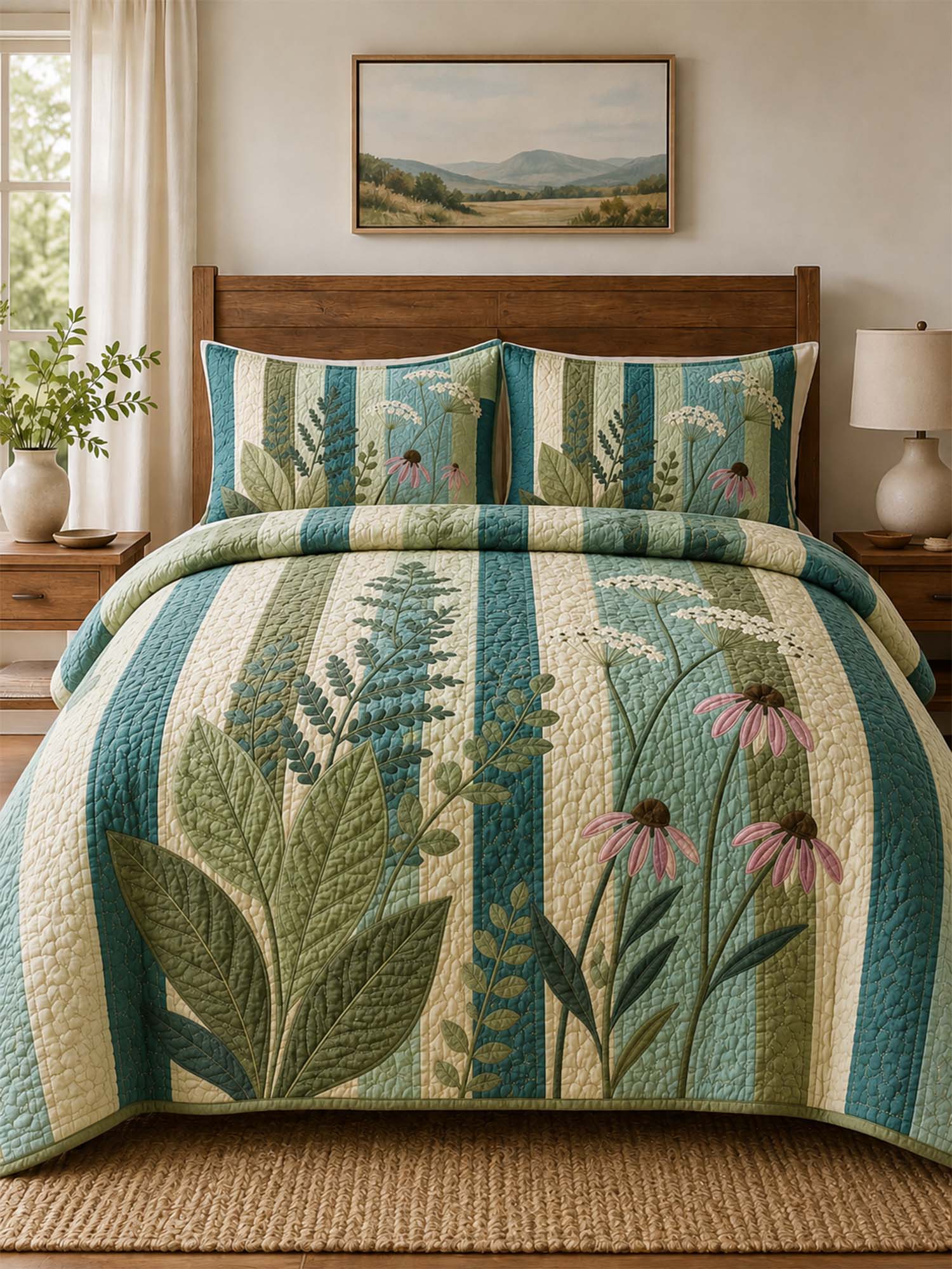 Wildflower Meadow Quilted 3-Piece Bedding Set – Cottage Garden Quilted Bedding With Matching Pillow Shams