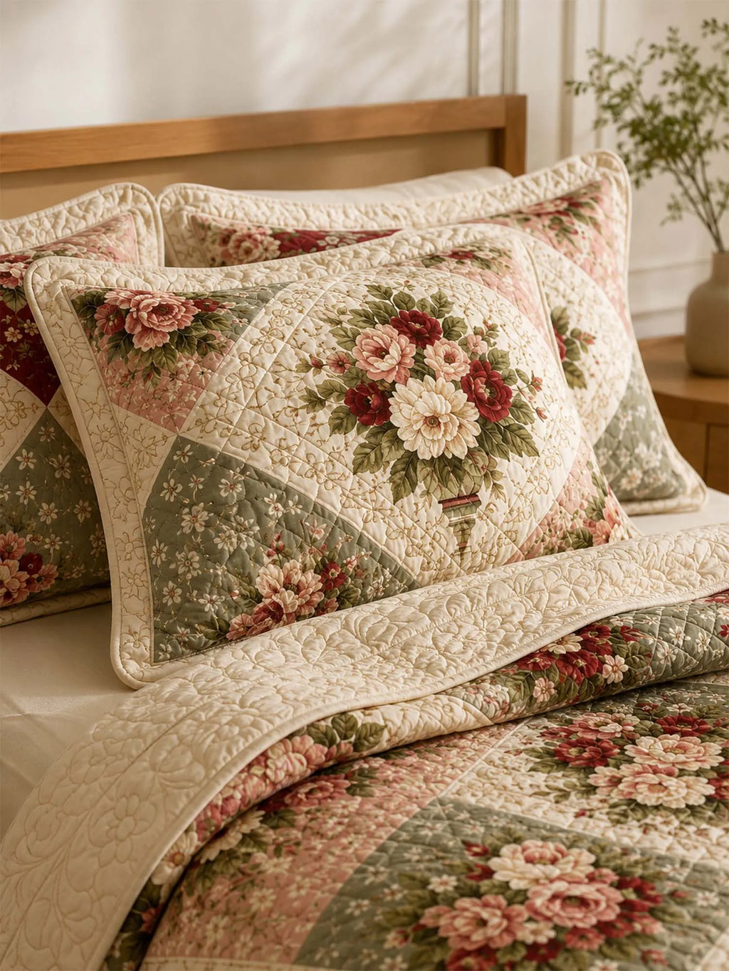 Vintage Rose Garden Quilted 3-Piece Bedding Set