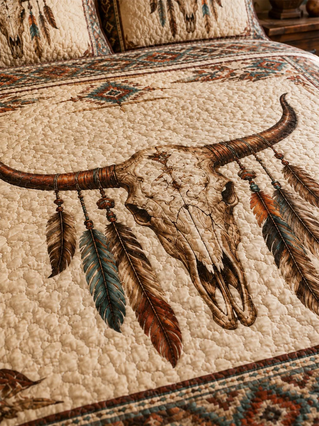 Longhorn Skull Western Quilted 3-Piece Bedding Set – Vintage Ranch Style Quilted Bedding with Matching Pillow Shams