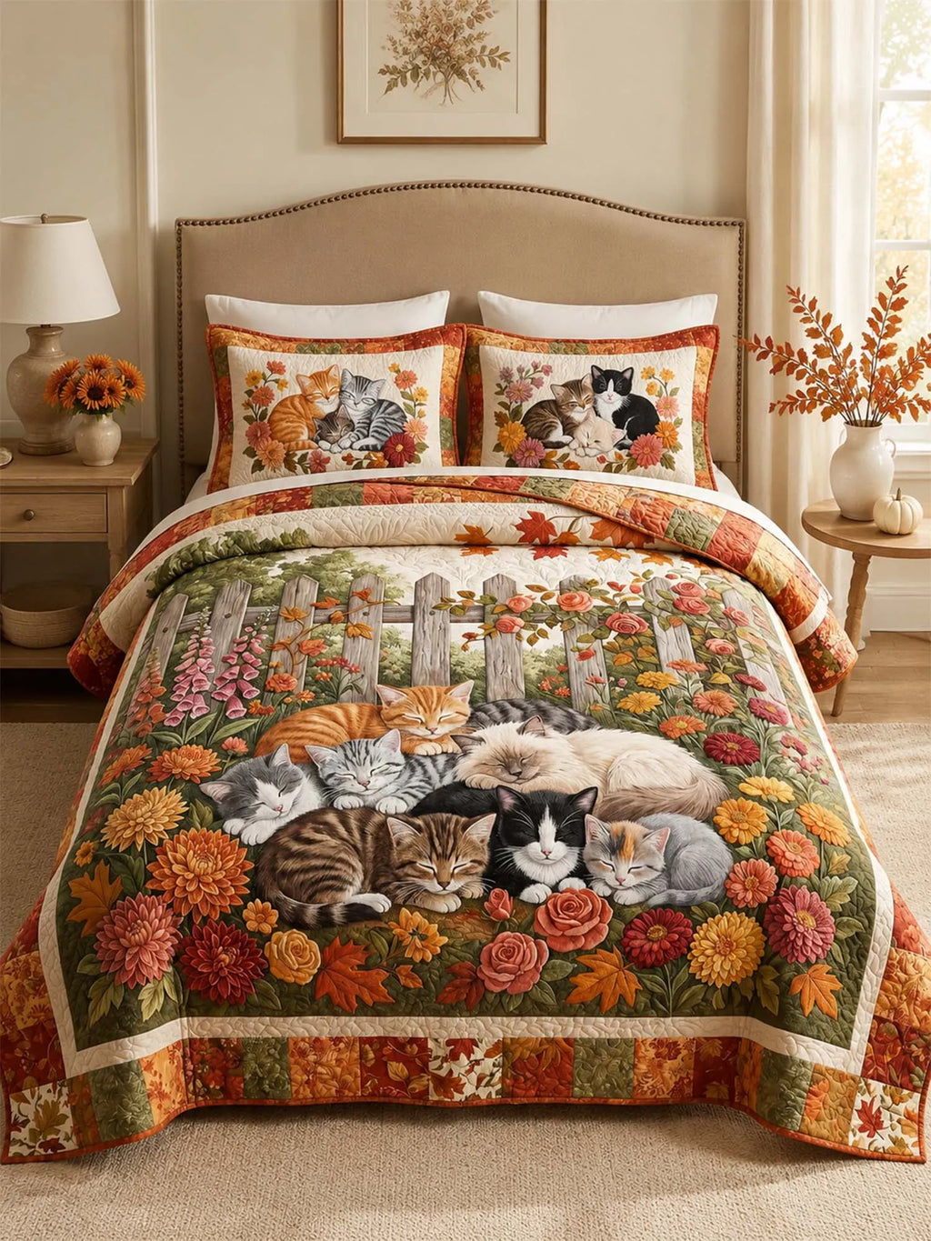 Autumn Garden Cat Quilted 3-Piece Bedding Set