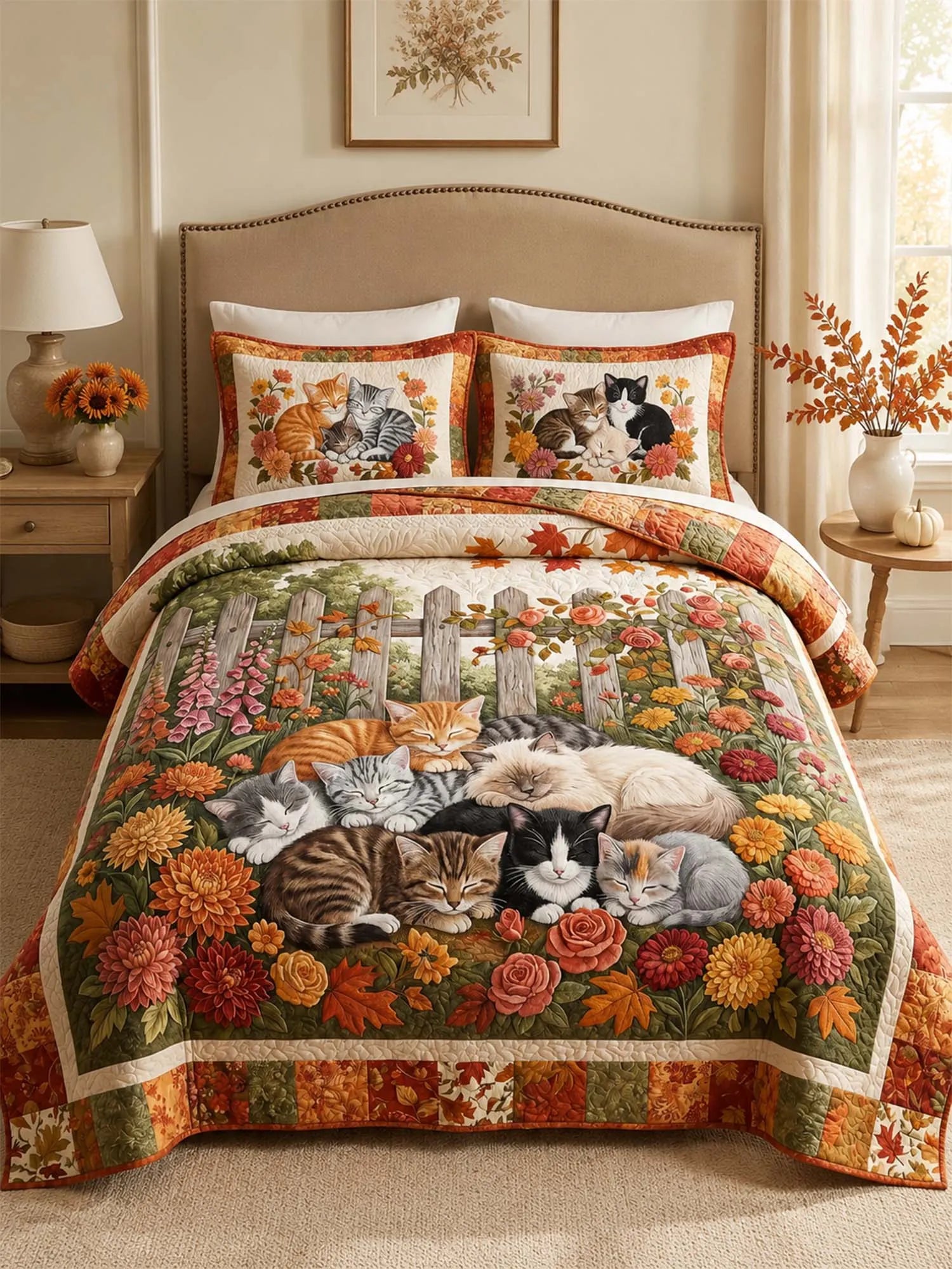 Autumn Garden Cat Quilted 3-Piece Bedding Set