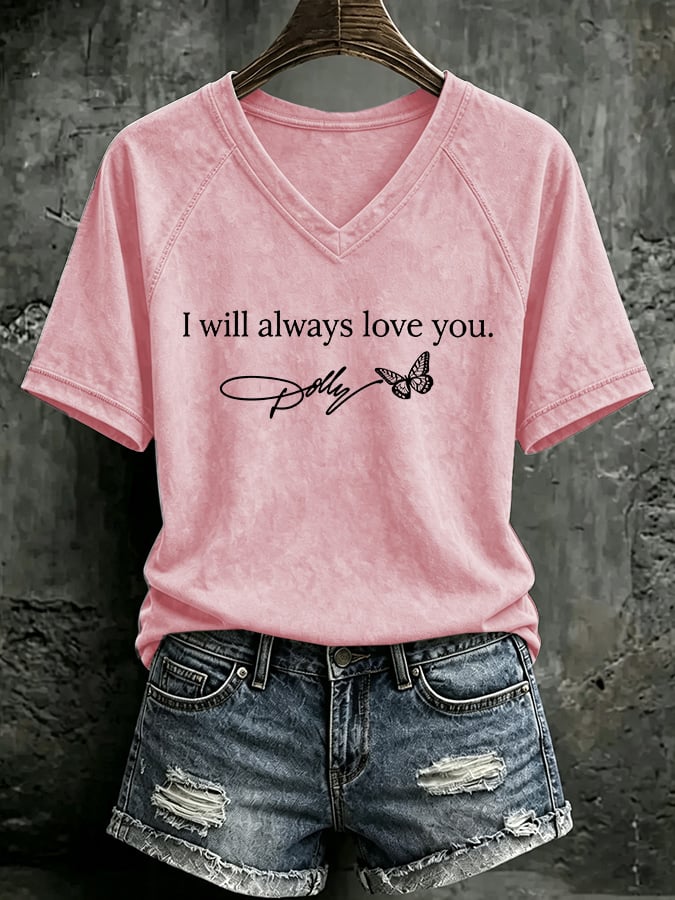 V Neck Retro Butterfly  I Will Always Love You Print T-Shirt
