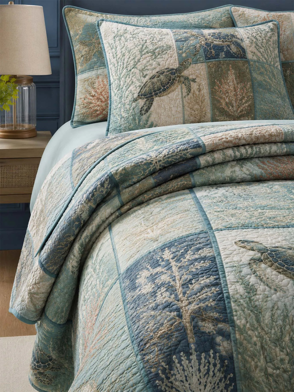 Sea Turtle Quilted 3-Piece Bedding Set – Classic Americana Quilted Bedding With Matching Pillow Shams