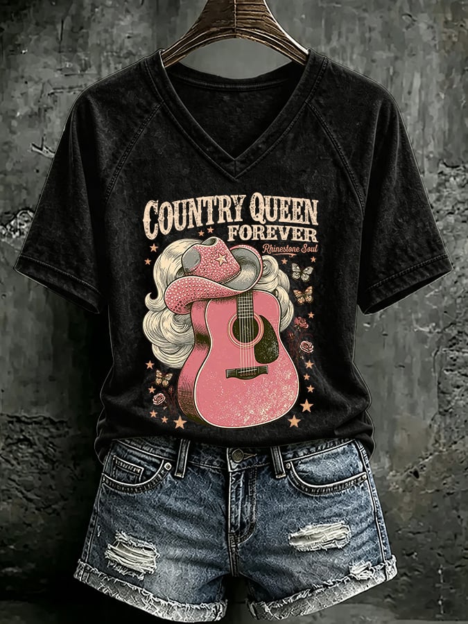 V Neck Retro Country Queen Forever Rhinestone Soul Print T-Shirt