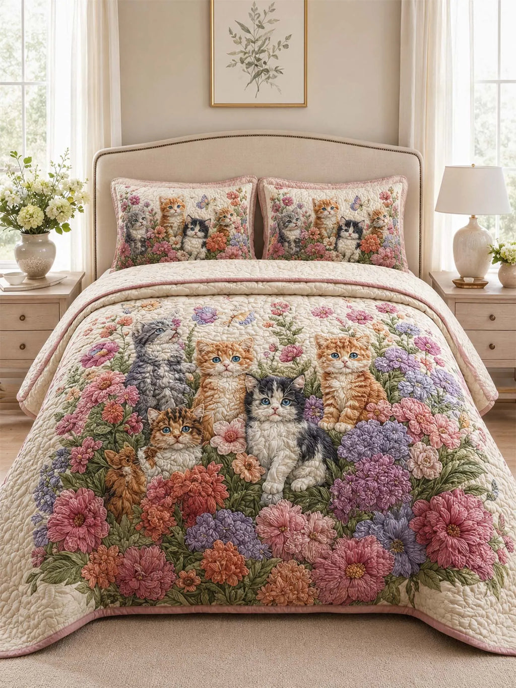 Garden Cat Floral Quilted 3-Piece Bedding Set