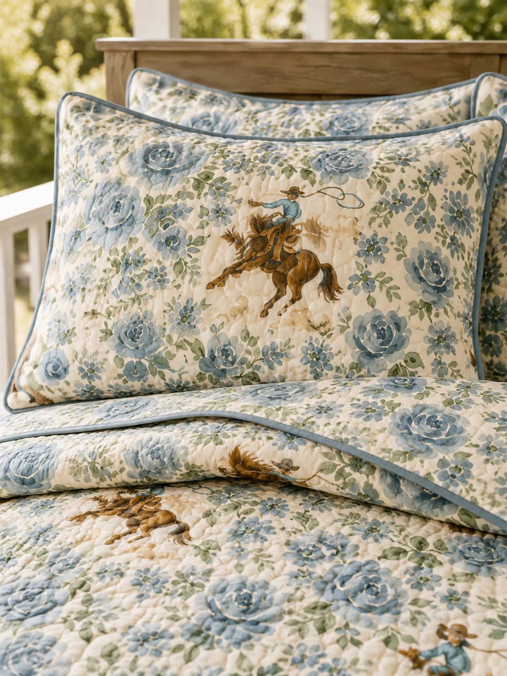 Western Floral Horse Quilted 3-Piece Bedding Set – Luxury Quilted Bedding with Matching Pillow Shams