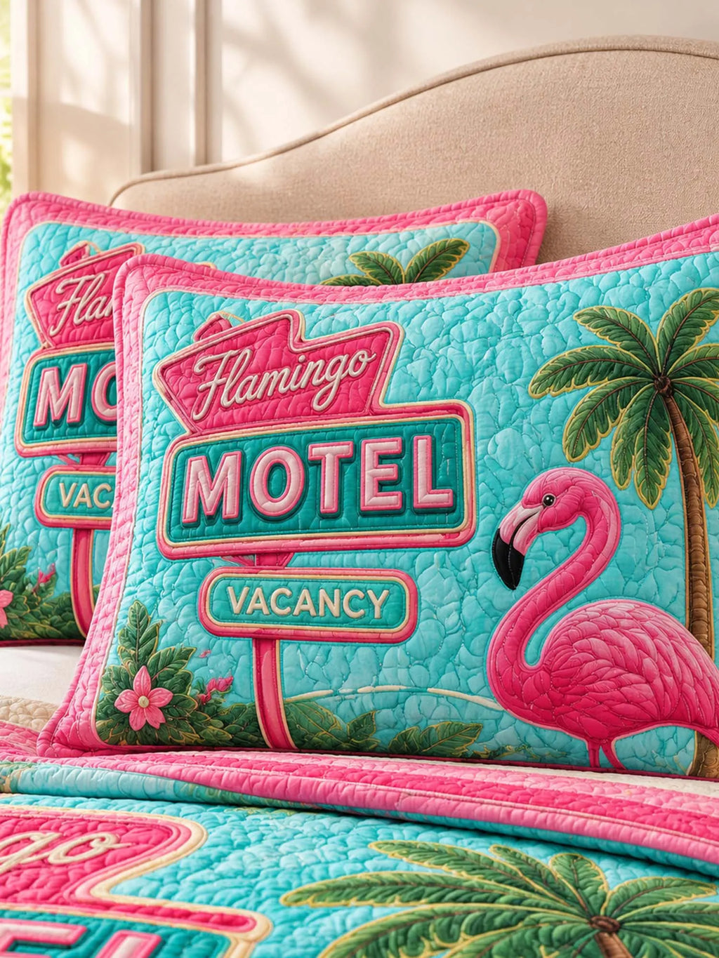 Flamingo Motel Tropical Paradise Quilted 3-Piece Bedding Set