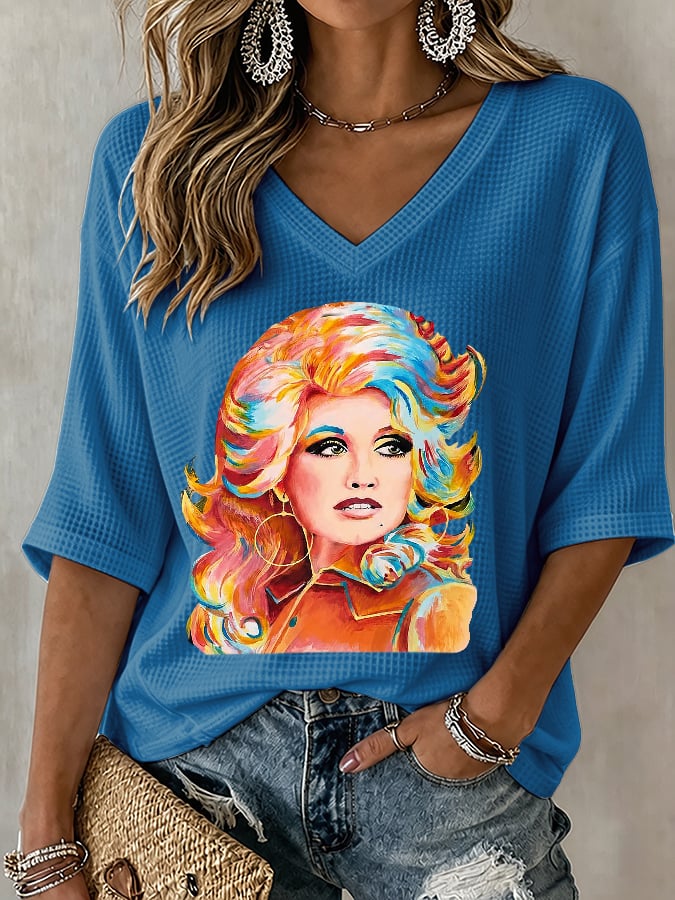 V-Neck Retro Dolly Watercolor Painting Print T-Shirt