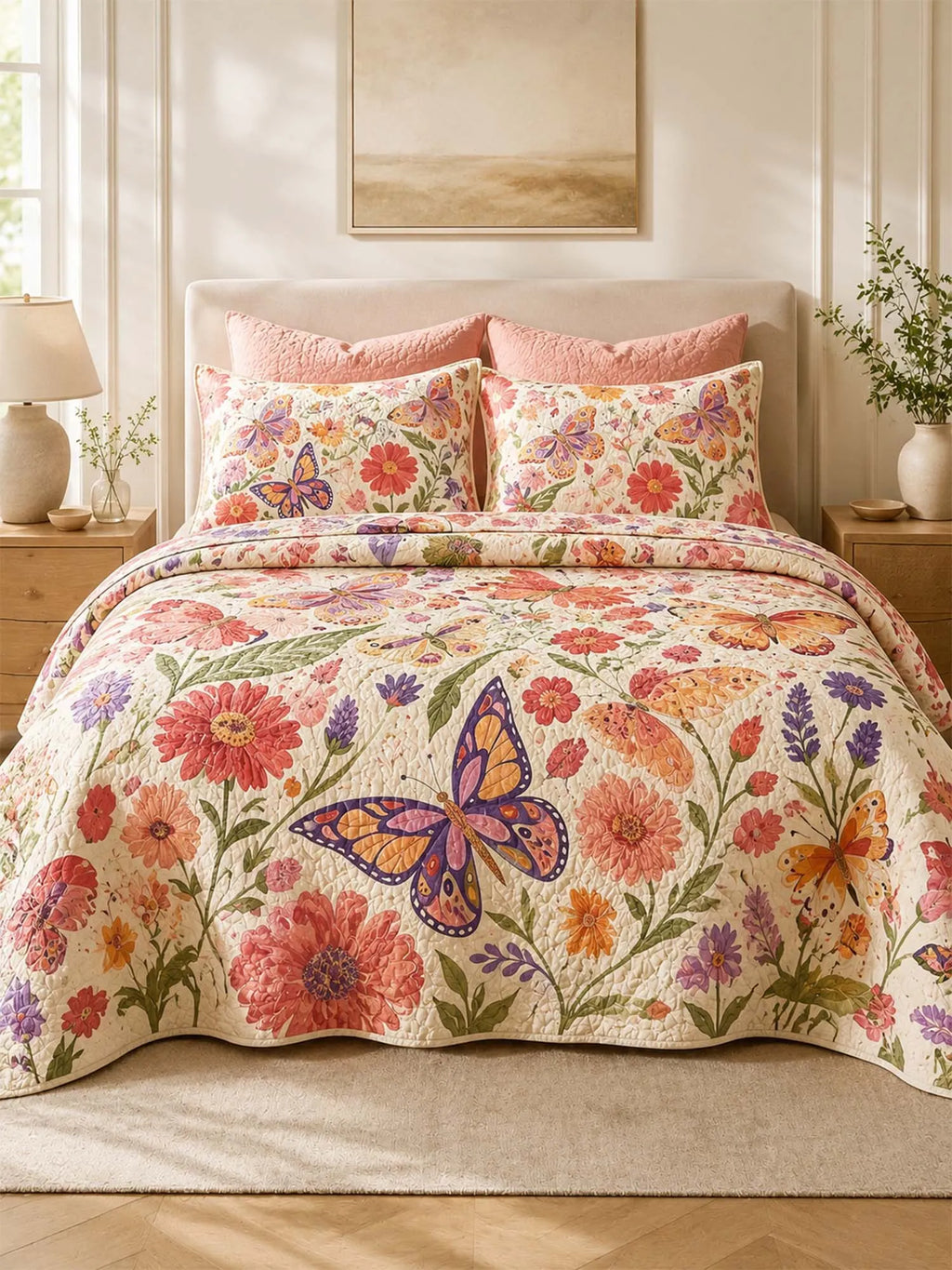 Butterfly Floral Garden Quilted 3-Piece Bedding Set