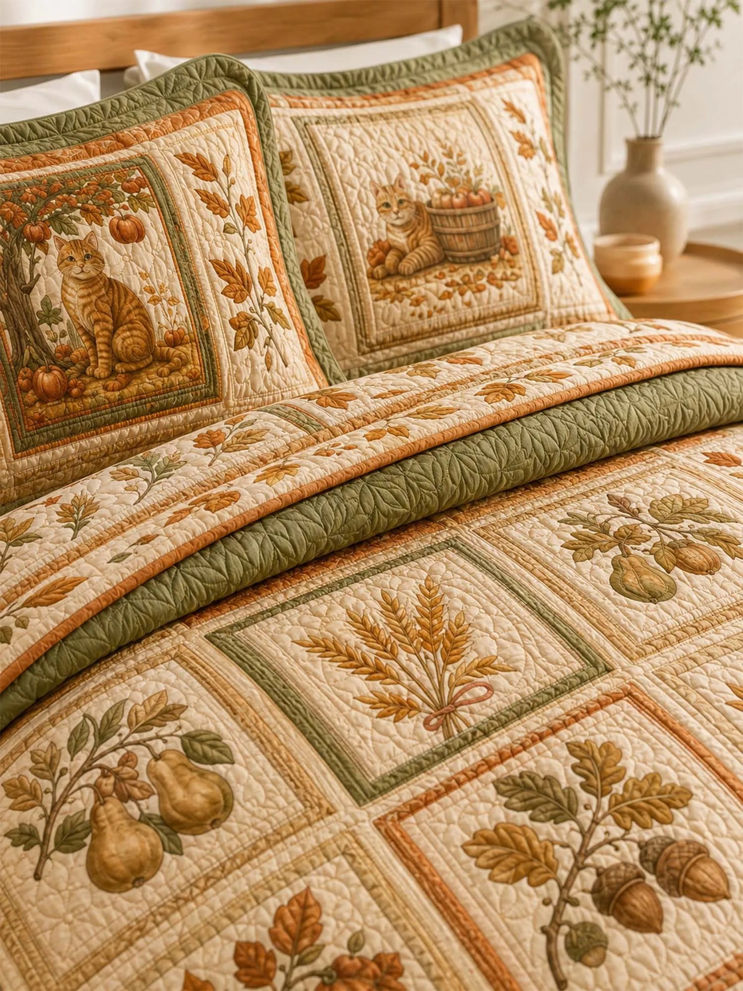 Autumn Orchard Cat Quilted 3-Piece Bedding Set