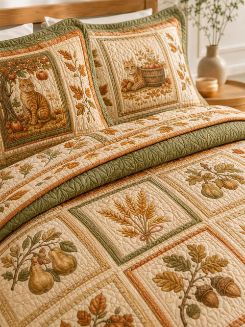Autumn Orchard Cat Quilted 3-Piece Bedding Set