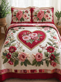 Rose And Heart Valentine's Day 3- Piece Quilted Bedding Set