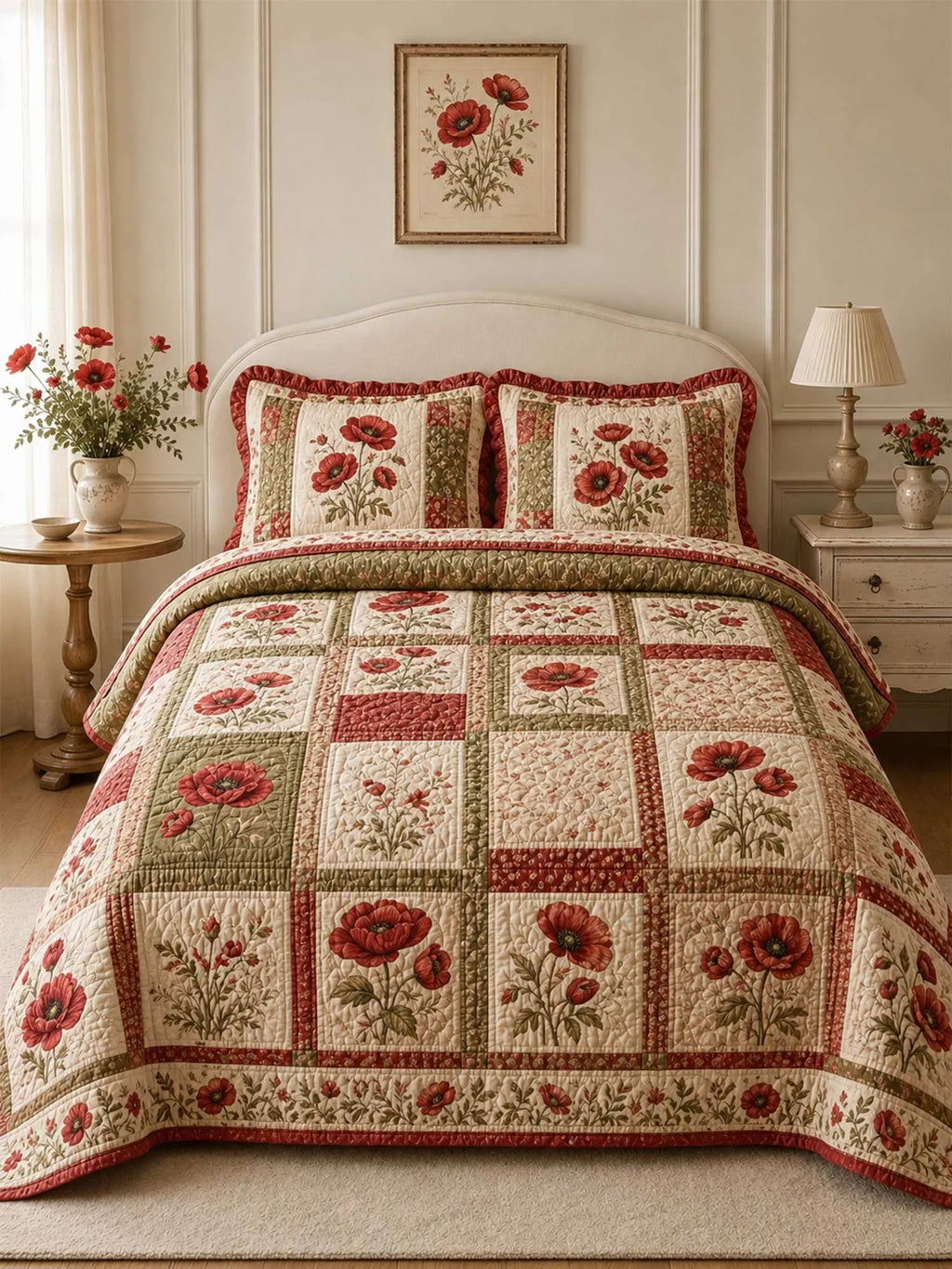 Vintage Poppy Medley 3-Piece Quilted Bedding Set