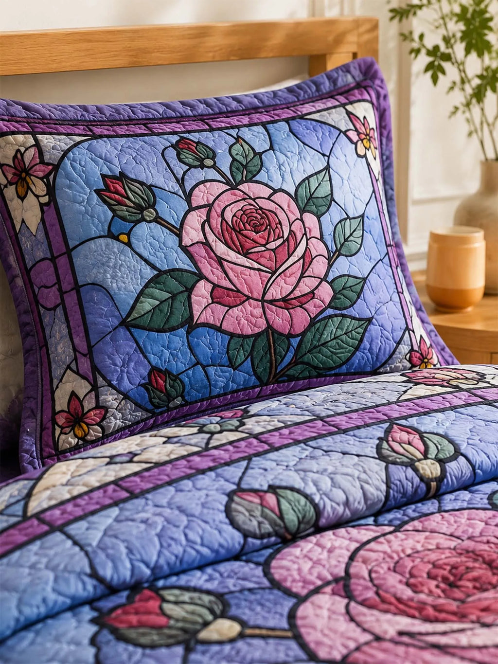 Stained Glass Rose Quilted 3-Piece Bedding Set – Vintage Cottage Garden Quilted Bedding With Matching Pillow Shams