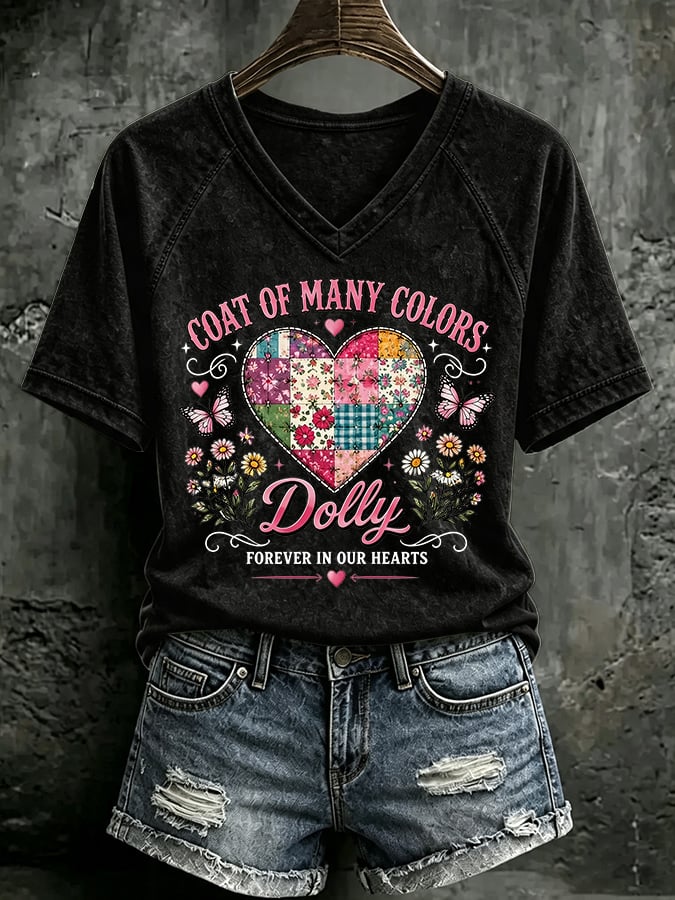 V Neck Retro Coat Of Many Colors Forever In Our Hearts Print T-Shirt