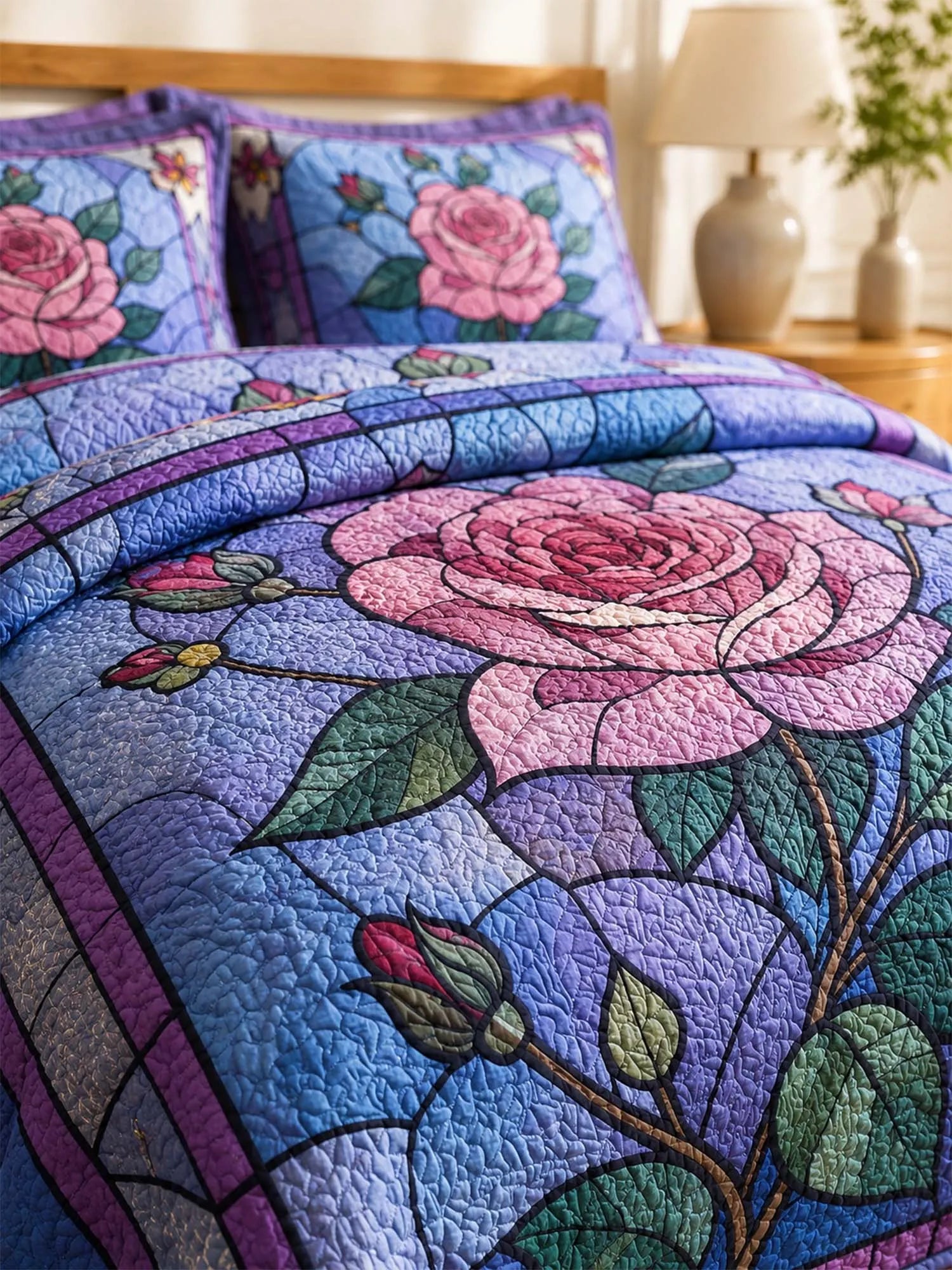 Stained Glass Rose Quilted 3-Piece Bedding Set – Vintage Cottage Garden Quilted Bedding With Matching Pillow Shams