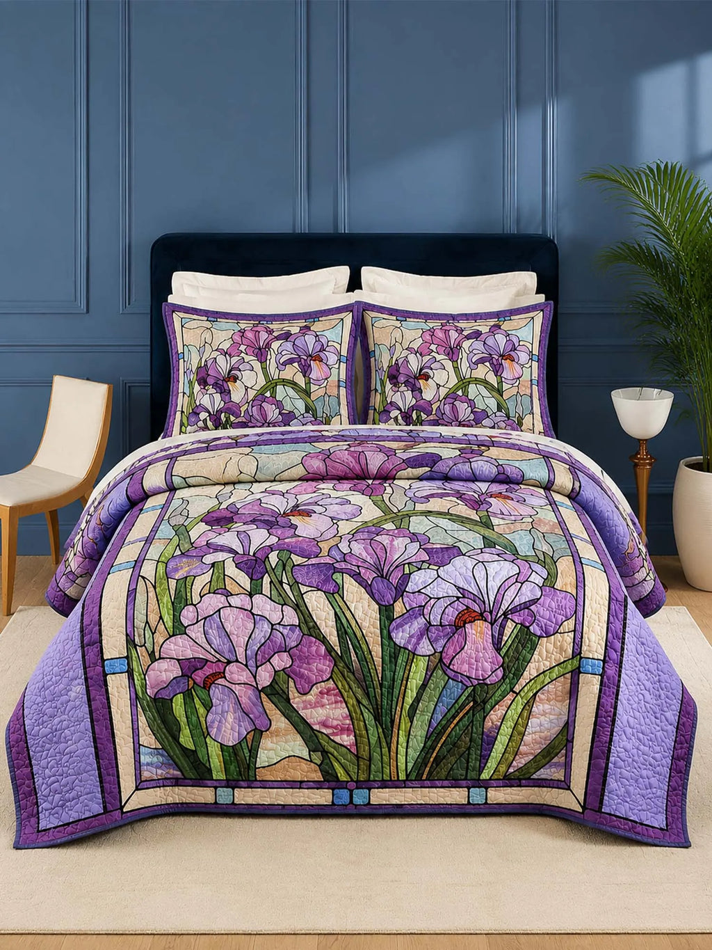 Purple Iris Quilted 3-Piece Bedding Set – Vintage Stained Glass Garden Quilted Bedding With Matching Pillow Shams