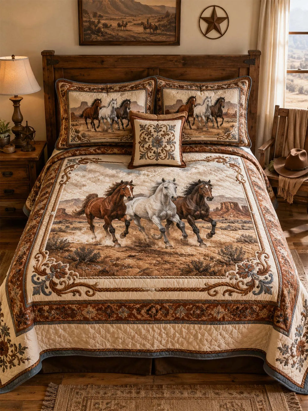 Equestrian Horse Patchwork Quilted 3-Piece Bedding Set – Vintage Country Quilted Bedding with Matching Pillow Shams