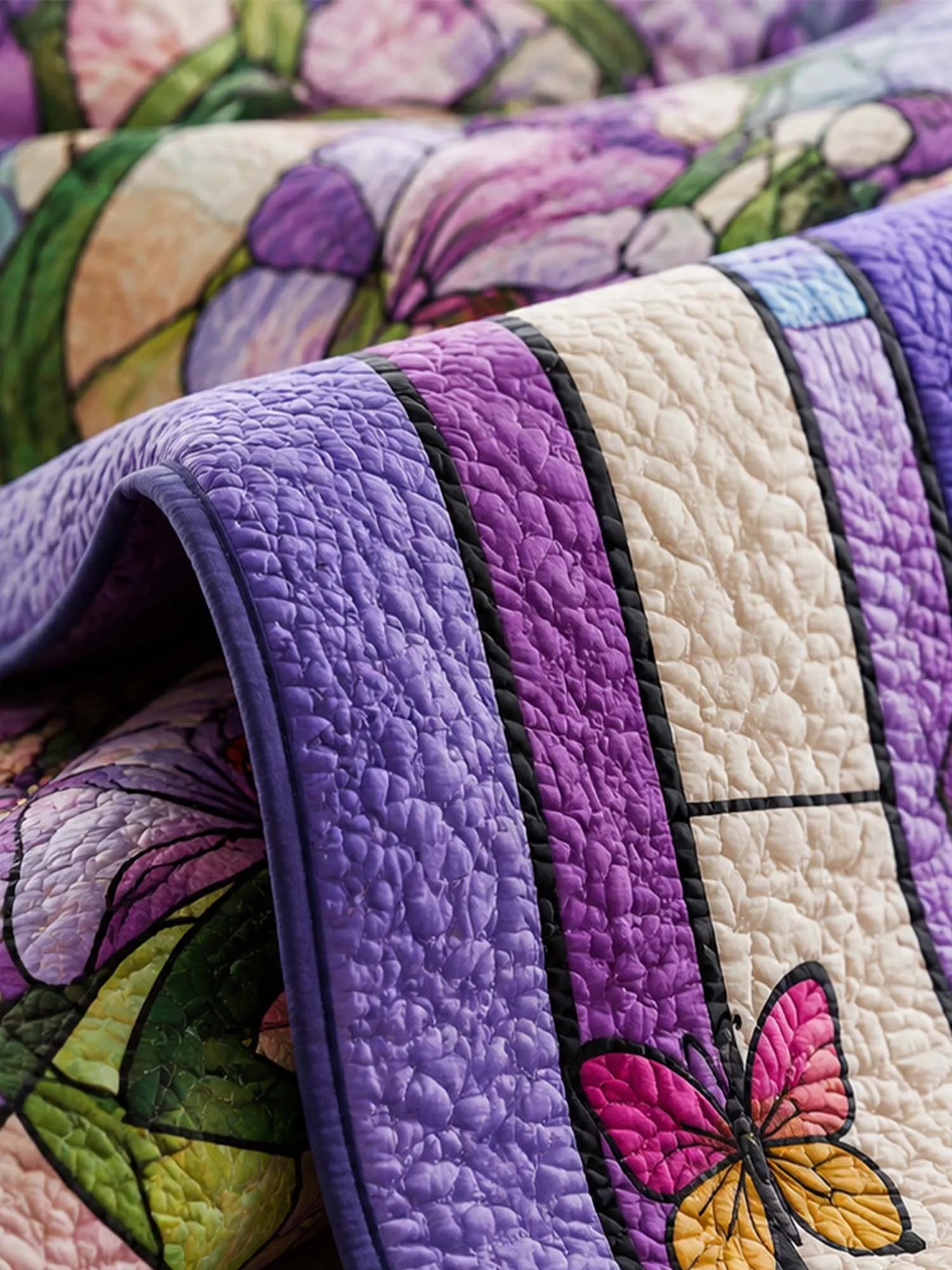 Purple Iris Quilted 3-Piece Bedding Set – Vintage Stained Glass Garden Quilted Bedding With Matching Pillow Shams