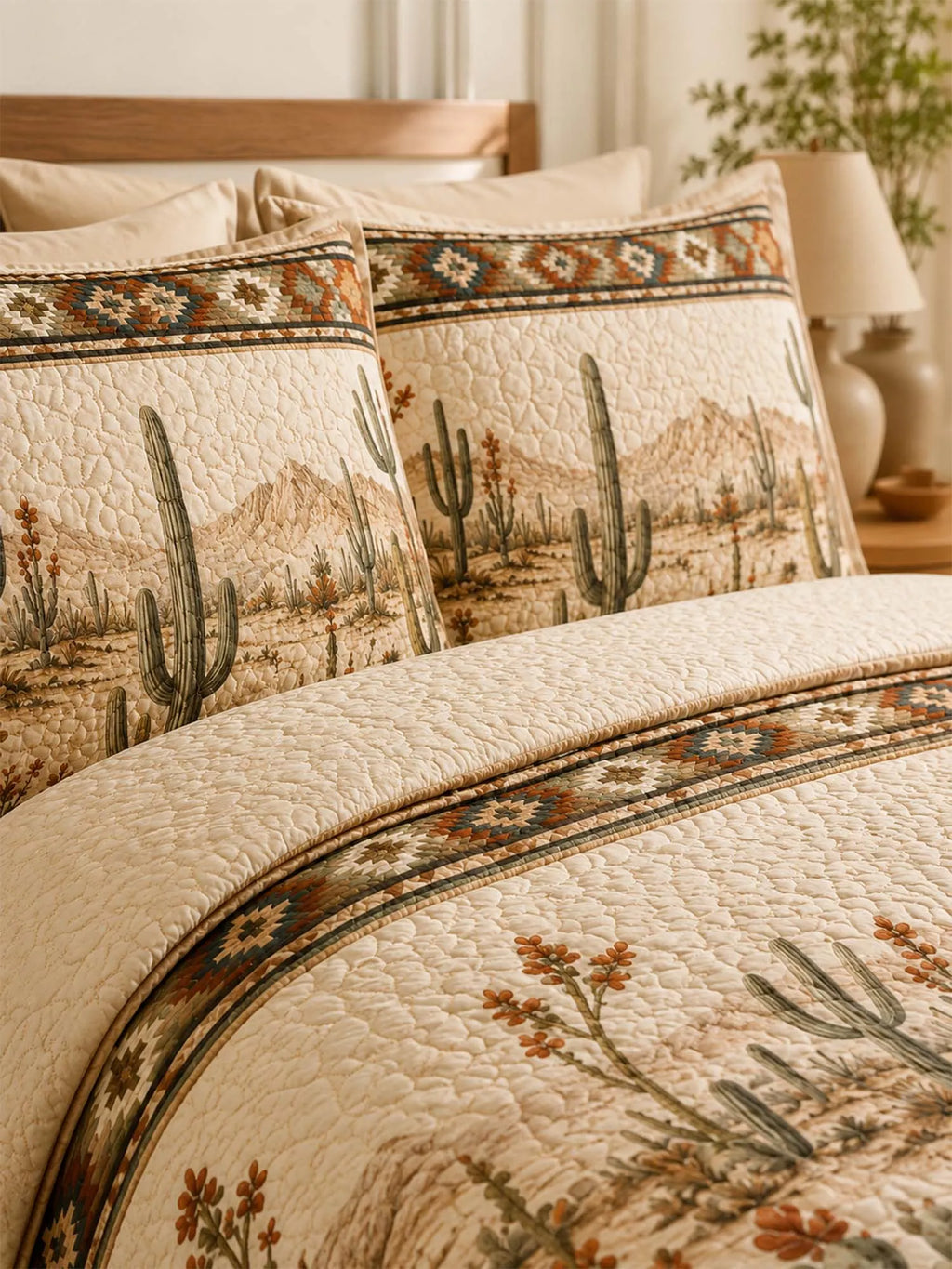 Desert Cactus Quilted 3-Piece Bedding Set – Natural Farmhouse Quilted Bedding with Matching Pillow Shams