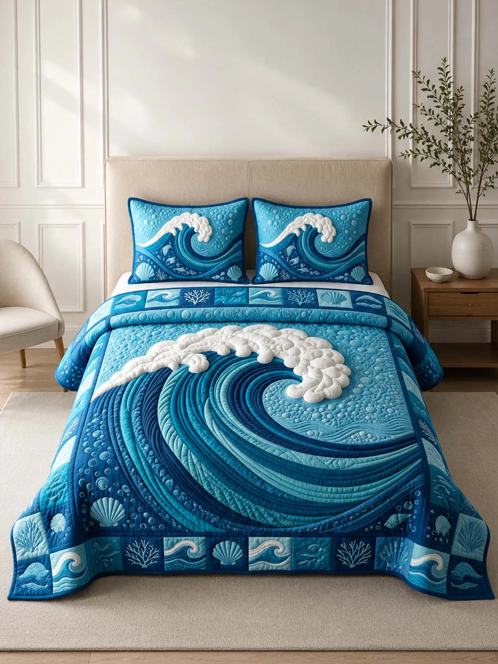 Ocean Wave Quilted 3-Piece Bedding Set – Coastal Inspired Quilted Bedding With Matching Pillow Shams
